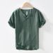 Men's Clothing Retro V Neck Short Sleeved T Shirt Casual Loose Linen Bottoming Shirt_viptrois.com