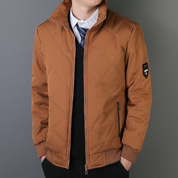 Men's Clothing Cotton Padded Jacket Men's Winter Quilted Jacket With Stand Collar, Diamond Grid Design, Fleece Lined, Warm And Stylish Outerwear_viptrois.com