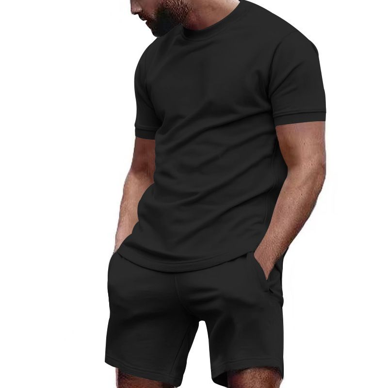 Cross-border Birdseye Short-Sleeve T-Shirt Top + 5-Inch Shorts Solid Color 2-Piece Summer Running Fitness Sports Set_viptrois.com