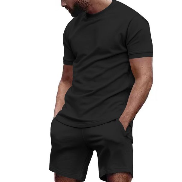 Cross-border Birdseye Short-Sleeve T-Shirt Top + 5-Inch Shorts Solid Color 2-Piece Summer Running Fitness Sports Set_viptrois.com