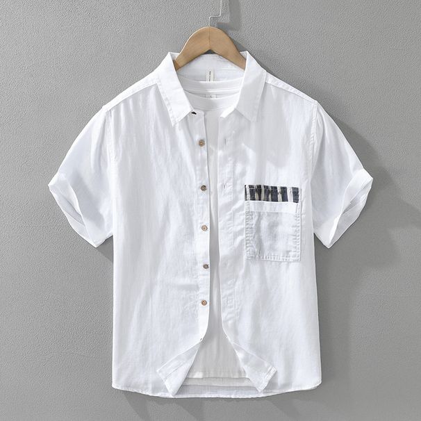 Color Blocked Linen Short Sleeved Shirt, Fashionable And Versatile, Artistic And Casual Loose Top, Men's Clothing_viptrois.com