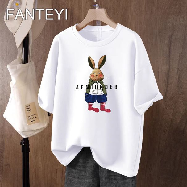 2025 Year Summer AE Rabbit Pure Cotton Loose Fit Ins Solid Color Printed Round Neck Short Sleeved T-shirt_viptrois.com