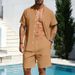 Men's Linen Hawaiian Style Short Sleeve Shirt And Shorts Set Breathable Loose Fit Beach Vacation Casual Two-Piece Summer Suit_viptrois.com