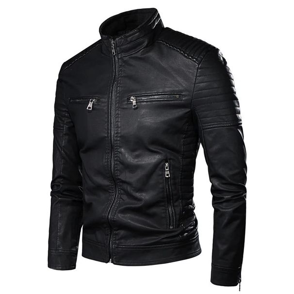 Medium And Green Leather Jacket Top Men's Jacket Men's Clothing Autumn And Winter Fashion Slim-fitting Stand-up Collar Flow Leather Jacket_viptrois.com