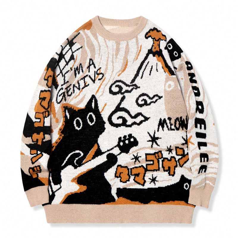 Cartoon Cat Jacquard Sweater – Oversized Unisex Knit Pullover (Blue/Grey/Brown, XS-XXL)_viptrois.com