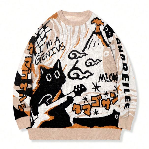 Cartoon Cat Jacquard Sweater – Oversized Unisex Knit Pullover (Blue/Grey/Brown, XS-XXL)_viptrois.com