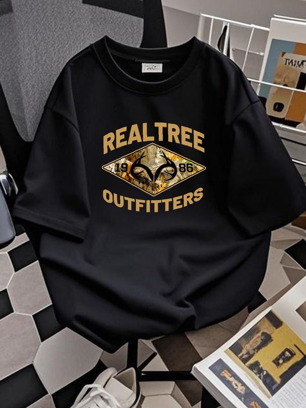 Realtree Men's Short Sleeve 100% Cotton Tee Shirt Black W/ Camo Logo Choose Size Top For Everyday Wear Stylish Versatile Streetwear Casual_viptrois.com