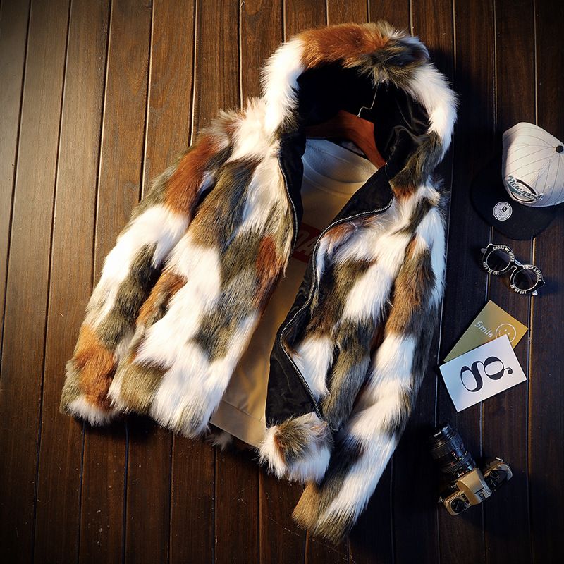 Men's Clothing Men's winter warm coat with hood, fur and velvet cotton coat, trendy men's floral windbreaker, fur cotton coat_viptrois.com