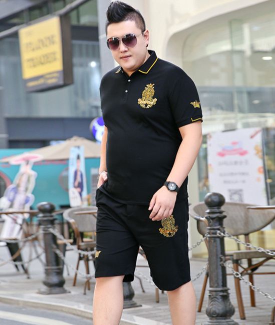Men's Clothing Fat man plus size lapel t-shirt short-sleeved suit summer oversized shorts sweatpants two-piece suit 195_viptrois.com