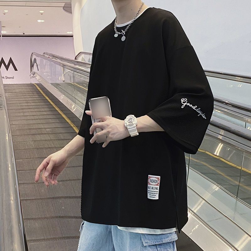Men's Clothing Three Quarter Sleeve Men's T Shirt Summer Trend Brand Loose Large Size Half Sleeved T Shirt Heavy Short Sleeved Ice Silk Clothes_viptrois.com