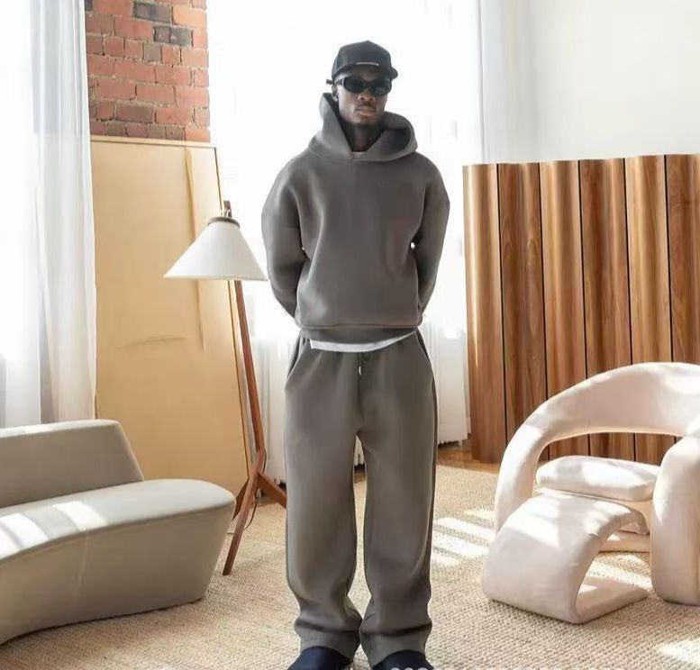 New Fashion Cross Border Casual Loose Youth Suit Sweatshirt Hooded Sweatshirt Sweatpants Solid Color Polyester Suit_viptrois.com
