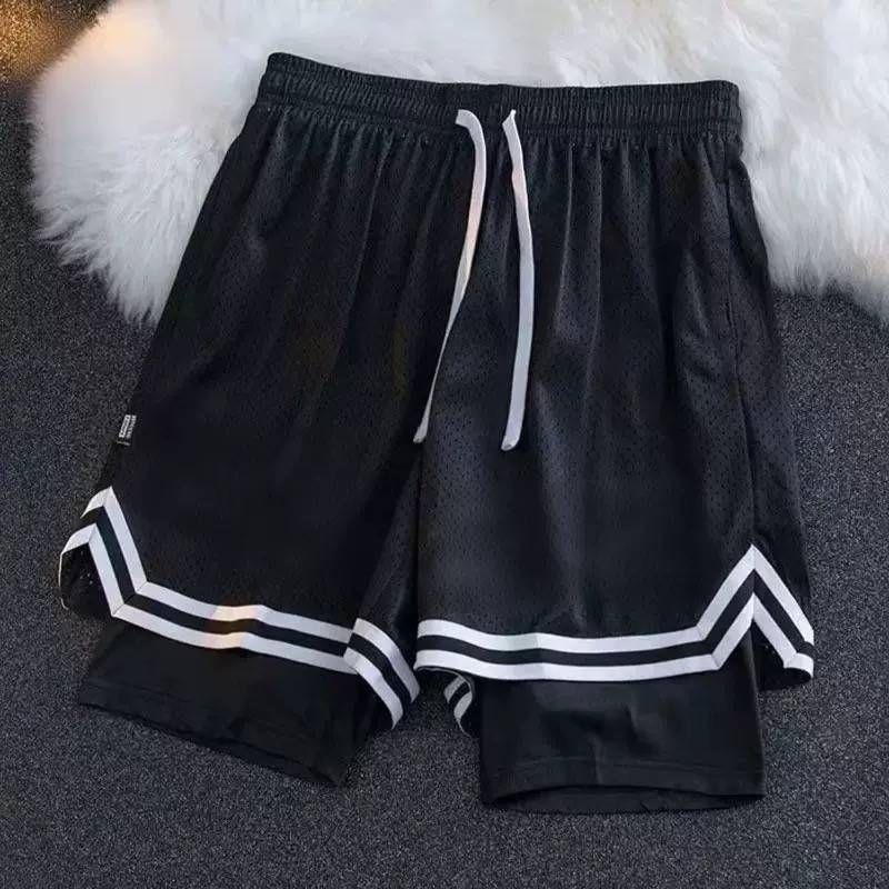 2025 American-style Basketball Shorts For Men, Summer Training Shorts With Lining, Fake Two-piece Design, Breathable For Running And Fitness_viptrois.com