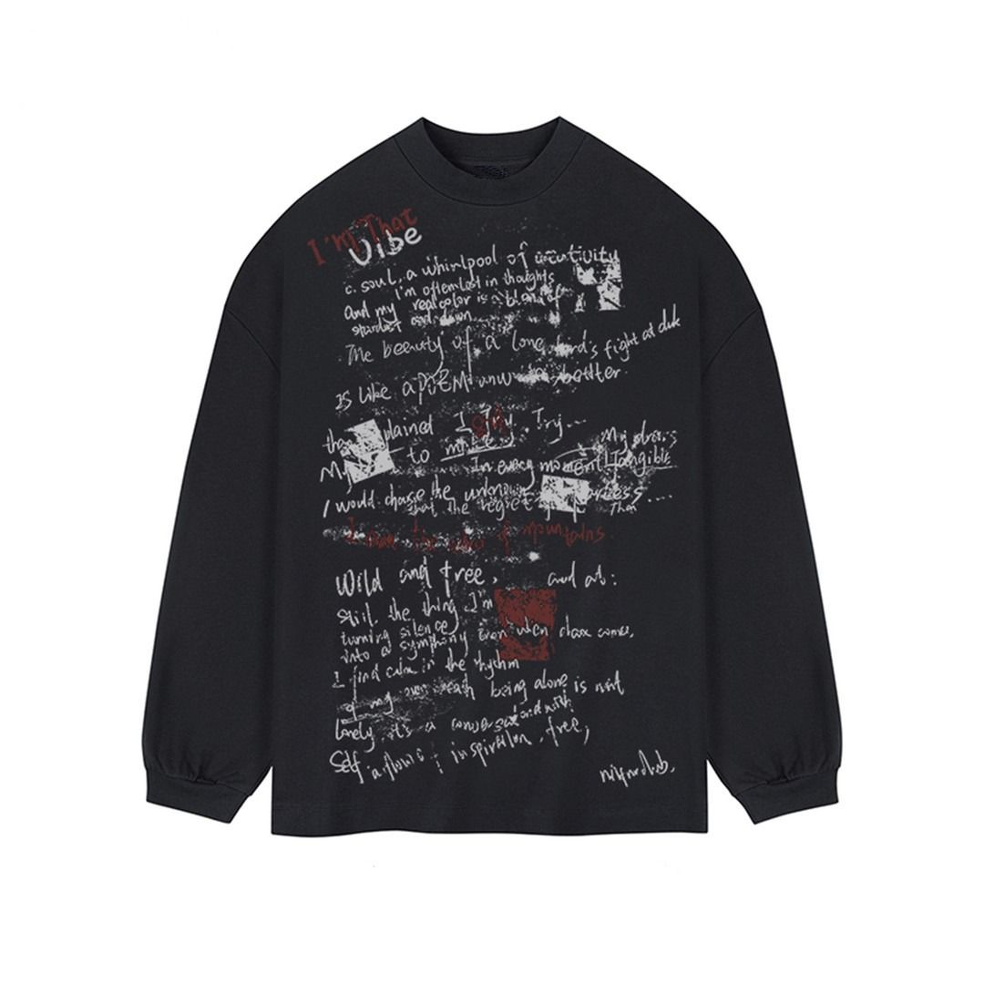 Heavyweight Cotton Vintage Graphic Tee – Oversized High Street Long Sleeve T-Shirt (Relaxed Fit, Retro Print, Streetwear Essential) – Black/White_viptrois.com