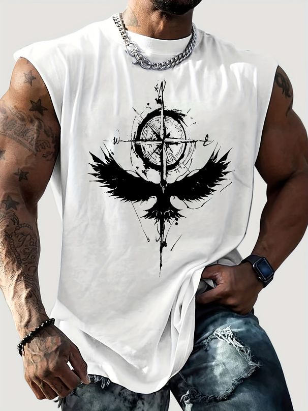 100% Pure Cotton Men's Summer Casual Sports Fitness Loose Tribal Graphic Printed Breathable Round Neck Sleeveless Vest_viptrois.com