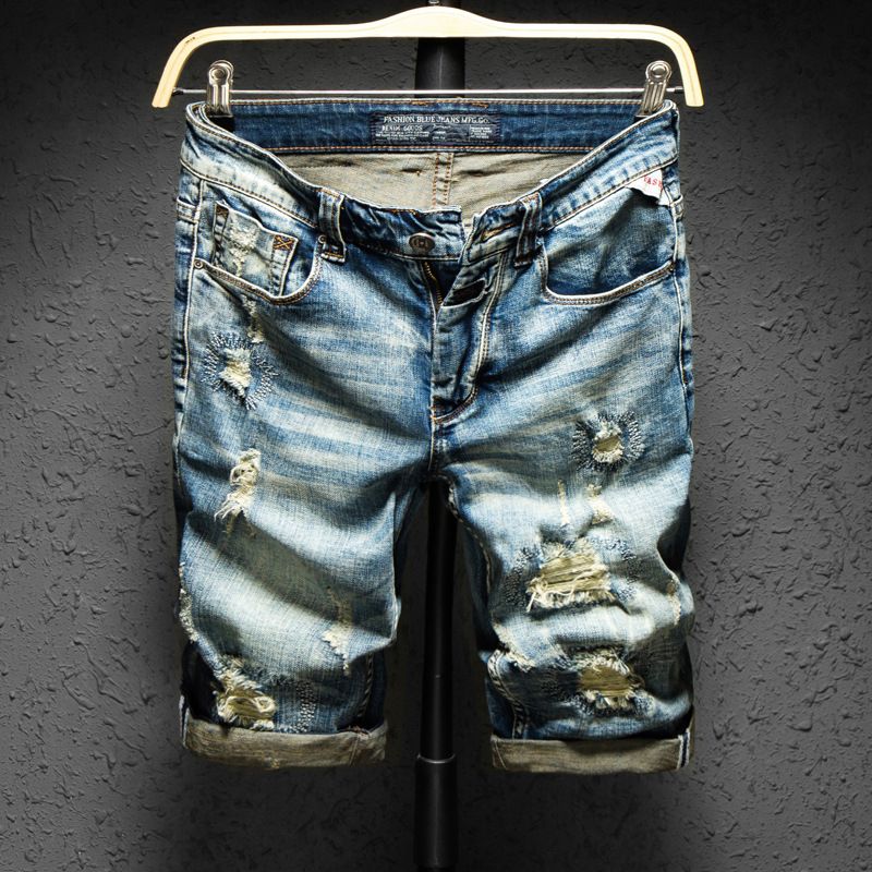 Men's denim shorts, men's ripped 5-cent pants, retro loose beggars, Korean style trendy 5-cent pants, summer breeches_viptrois.com
