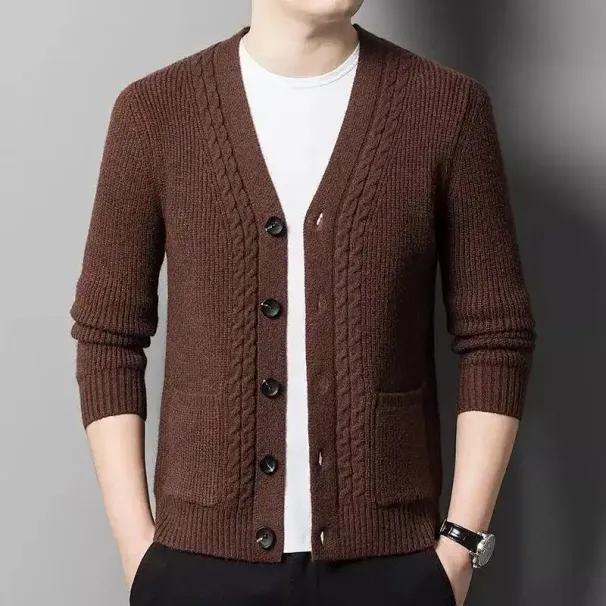 Abrigos Para Hombre Otoño Invierno Nuevos Estilos Calientes Guapo Cárdigans De Punto Con Cuello En V Chaquetas Casuales De Color Sólido_viptrois.com