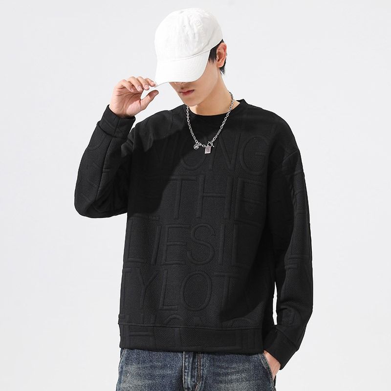 Men's Casual Japanese Style Letter Jacquard Pullover Sweatshirt - Loose Fit Long Sleeve Crewneck Top For Streetwear & Daily Wear (Black/Grey/White)_viptrois.com