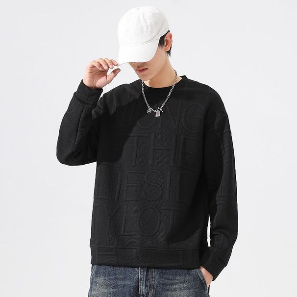 Men's Casual Japanese Style Letter Jacquard Pullover Sweatshirt - Loose Fit Long Sleeve Crewneck Top For Streetwear & Daily Wear (Black/Grey/White)_viptrois.com