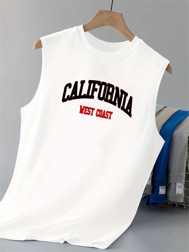 100% Pure Cotton Men's Summer Casual Sports Fitness Loose California West Coast Letter Pattern Printed Breathable Round Neck Sleeveless Vest_viptrois.com