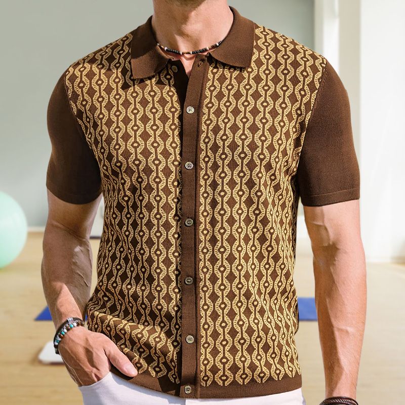 Men's Clothing Summer Cool Silk Short Sleeved Sweater Lapel Jacquard Cardigan Polo Shirt_viptrois.com