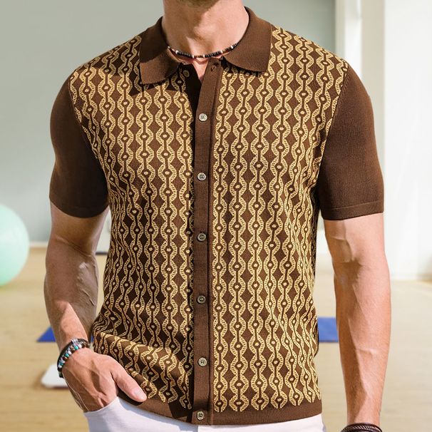 Men's Clothing Summer Cool Silk Short Sleeved Sweater Lapel Jacquard Cardigan Polo Shirt_viptrois.com