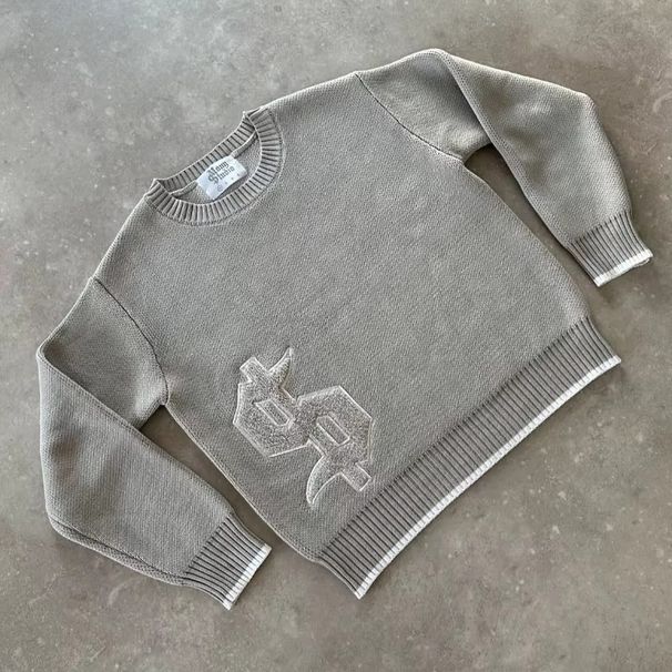 Streetwear Embroidered Sweater Men – Oversized Knit Pullover With Floral Jacquard Design (Grey/Black, S-XXL)_viptrois.com