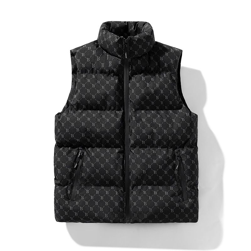 Men's Stand Collar Cotton Vest Jacket – Casual Loose Fit, Winter Fashion B-Letter Design, Black/White/Pinkish/Brown (Sizes M-5XL)_viptrois.com