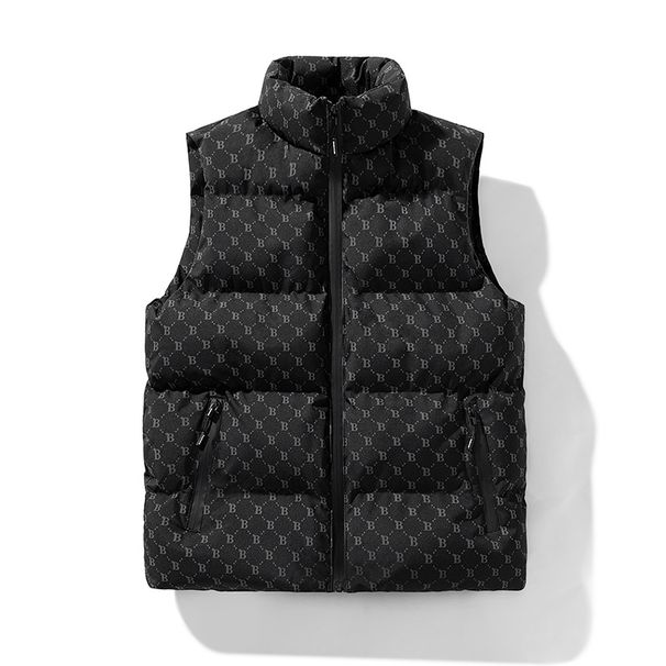 Men's Stand Collar Cotton Vest Jacket – Casual Loose Fit, Winter Fashion B-Letter Design, Black/White/Pinkish/Brown (Sizes M-5XL)_viptrois.com