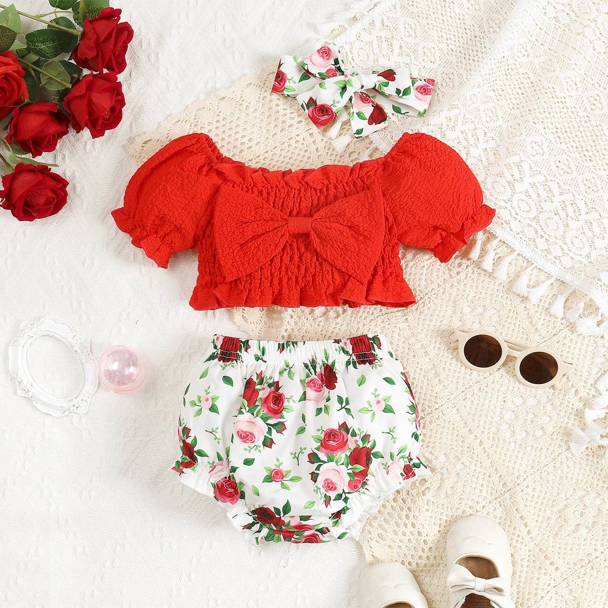 Independent Station Exclusive New Products Girls Puff Sleeve Bow Top Print Shorts Set_viptrois.com