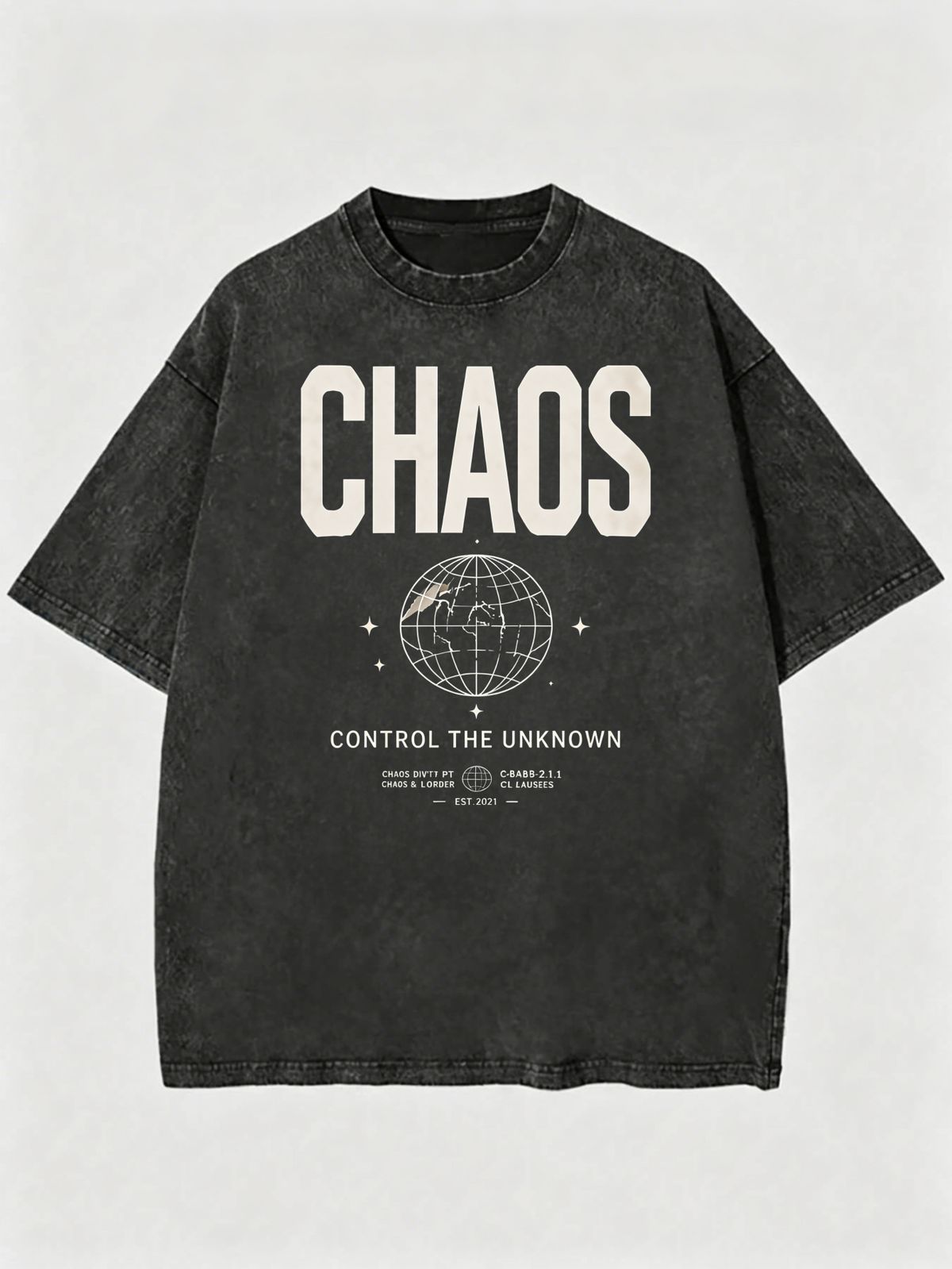 Vintage Washed "CHAOS CONTROL THE UNKNOWN" Globe Graphic Cotton T-Shirt Men's Casual Streetwear Tee_viptrois.com