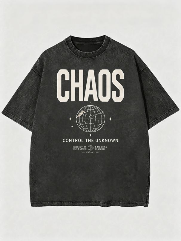 Vintage Washed "CHAOS CONTROL THE UNKNOWN" Globe Graphic Cotton T-Shirt Men's Casual Streetwear Tee_viptrois.com