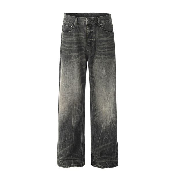 Punk Washed Gradient Jeans Heavy-Duty Distressed American Street Style Men's Wide-Leg Straight Long Pants Trendy_viptrois.com