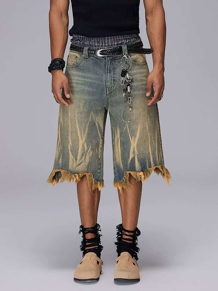 Men's Clothing 2025 Summer American Fashion Brand Brushed Yellow Mud Dye Washed Old Denim Shorts Loose Cropped Version Pants Trendy_viptrois.com