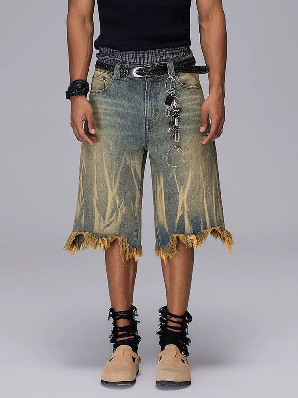 Men's Clothing 2025 Summer American Fashion Brand Brushed Yellow Mud Dye Washed Old Denim Shorts Loose Cropped Version Pants Trendy_viptrois.com