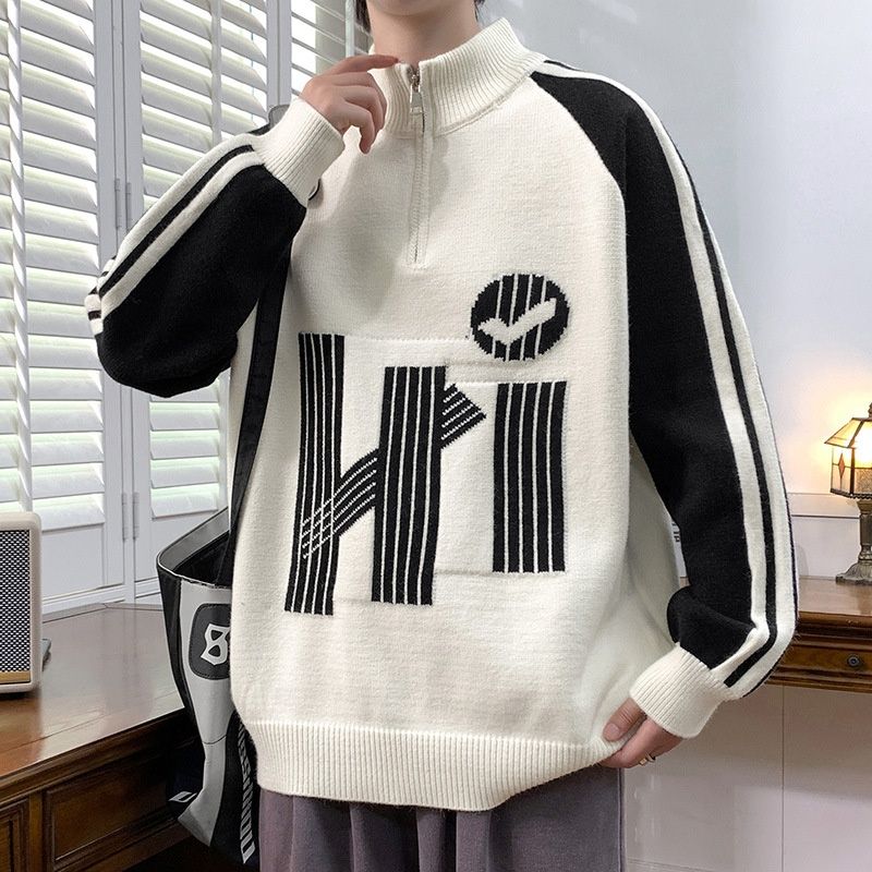 Pure Cross-Border Foreign Trade Dropshipping Men's Hong Kong Style Half-Zip Stand Collar Jacquard Sweater Knitwear 2025_viptrois.com