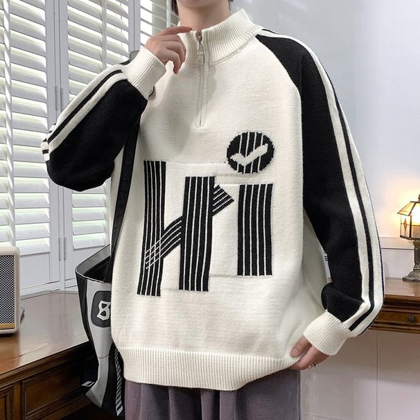 Pure Cross-Border Foreign Trade Dropshipping Men's Hong Kong Style Half-Zip Stand Collar Jacquard Sweater Knitwear 2025_viptrois.com