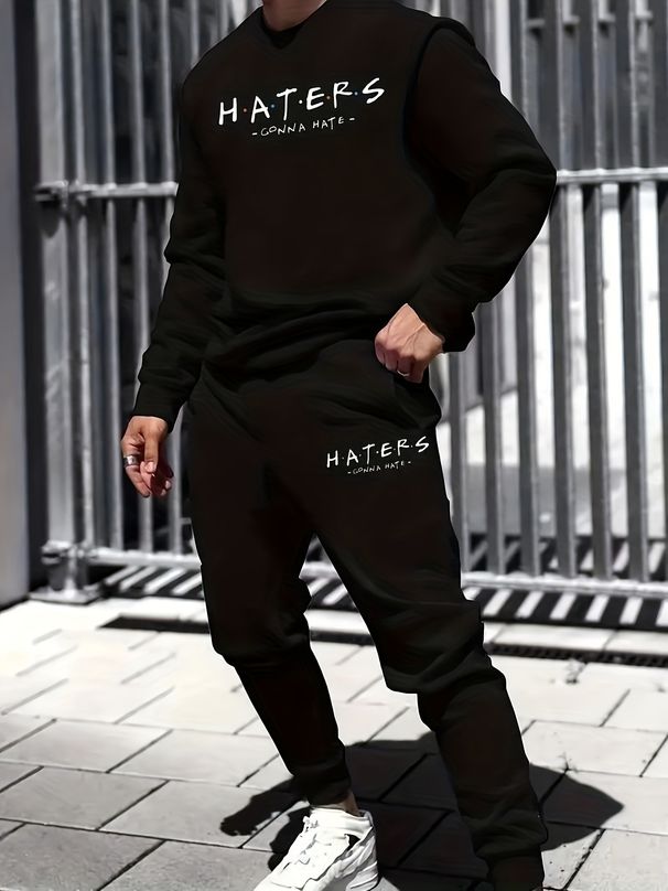 Men's Autumn And Winter Casual Warm Hatters Print Loose Thick Velvet Round Neck Sports Shirt+sports Pants Set_viptrois.com
