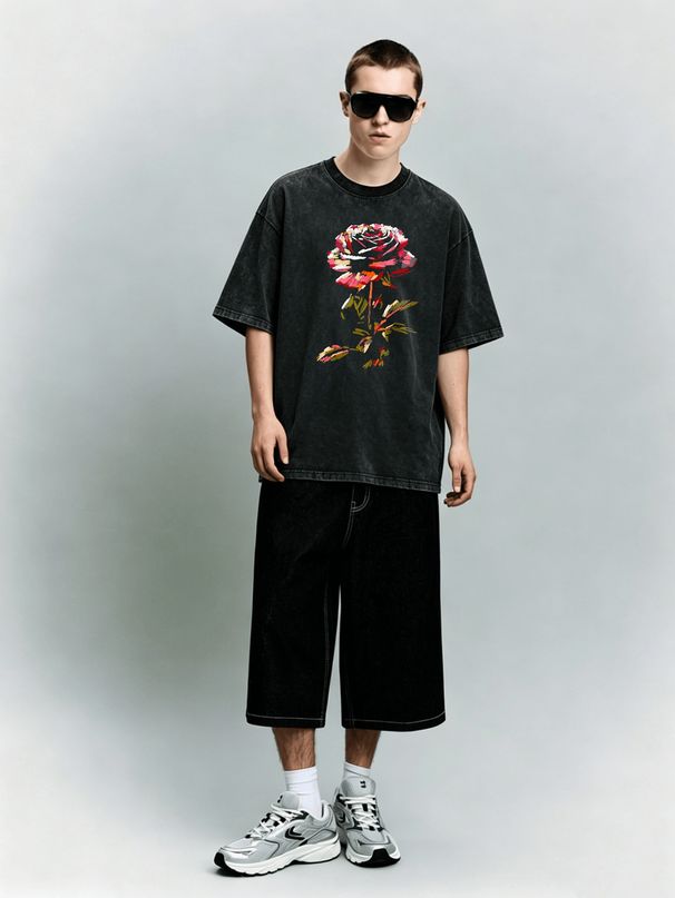 Relaxed Heavyweight Washed Floral Art Cotton T-Shirt Men's Casual Streetwear Tee_viptrois.com