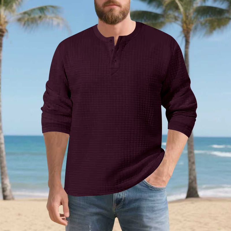 Men’s Heavyweight Textured Henley Shirt – Vintage Button-Up Long Sleeve Tee, Relaxed Fit Polyester Blend For Fall & Winter (S-XXXL, 7 Colors)_viptrois.com