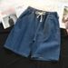 Men's Elastic Waist Denim Shorts Midweight Summer Thin Loose Straight Leg Casual Korean Style Trendy Everyday mid Length Shorts_viptrois.com