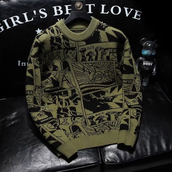 Men's Cartoon Jacquard Sweater Trendy Brand Bottoming Shirt Long Sleeve Inner Top 2024 New Autumn And Winter Loose Sweater_viptrois.com