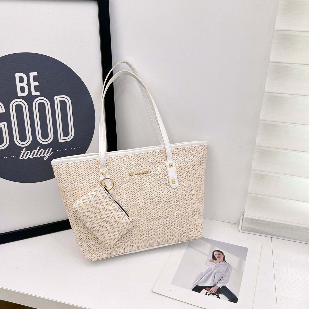Women's Bags Commuting Large Capacity Straw Bag For Women Mother And Child 2 Piece Set Contrast Color Underarm Bag_viptrois.com