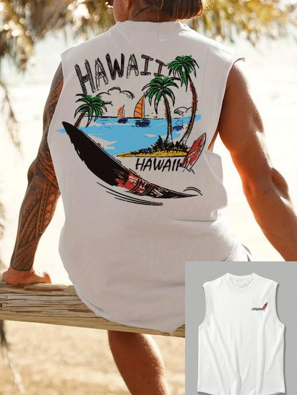100% Pure Cotton Men's Summer Casual Sports Fitness Loose Hawaiian Print Breathable Round Neck Sleeveless Vest_viptrois.com