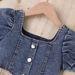Baby Clothing Children's dress Girls' summer ribbed collar lantern sleeve top floral design multi-button denim suit_viptrois.com