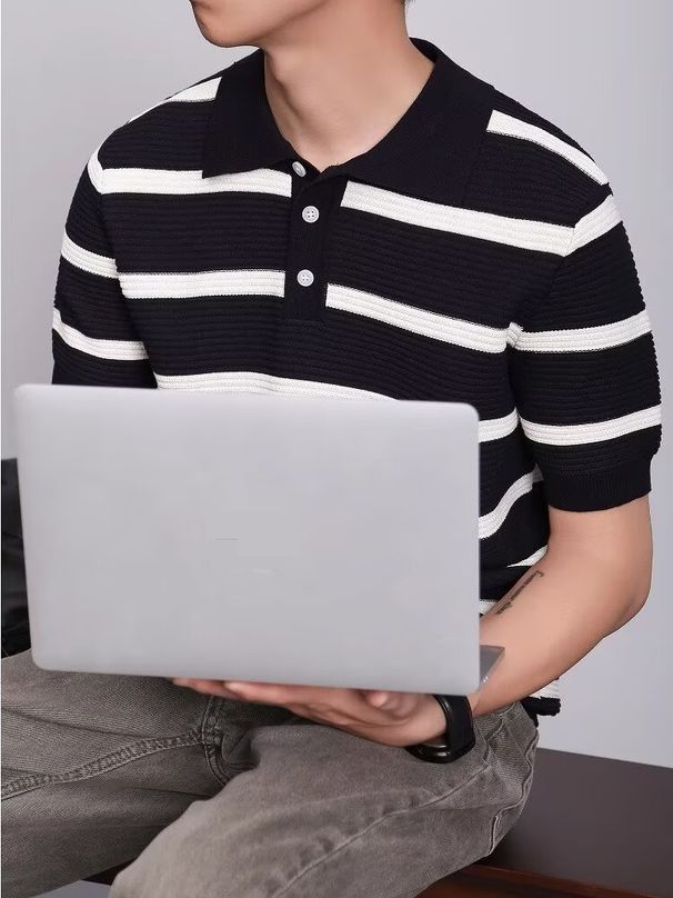 Men's Clothing Knitted Striped Shirt Short Sleeved Business Casual Ice Silk Lapel Half Sleeved Top T Shirt_viptrois.com