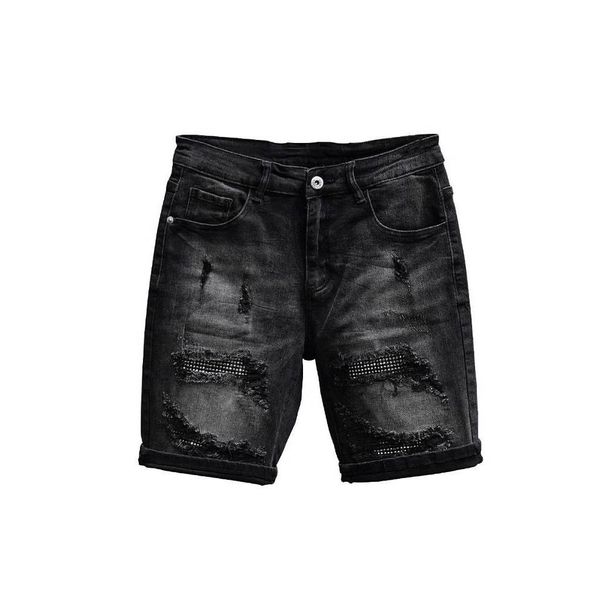 Men's Clothing Denim Shorts Trendy New Summer Shorts Loose Versatile Black Ripped Personality Mid Length Pants_viptrois.com