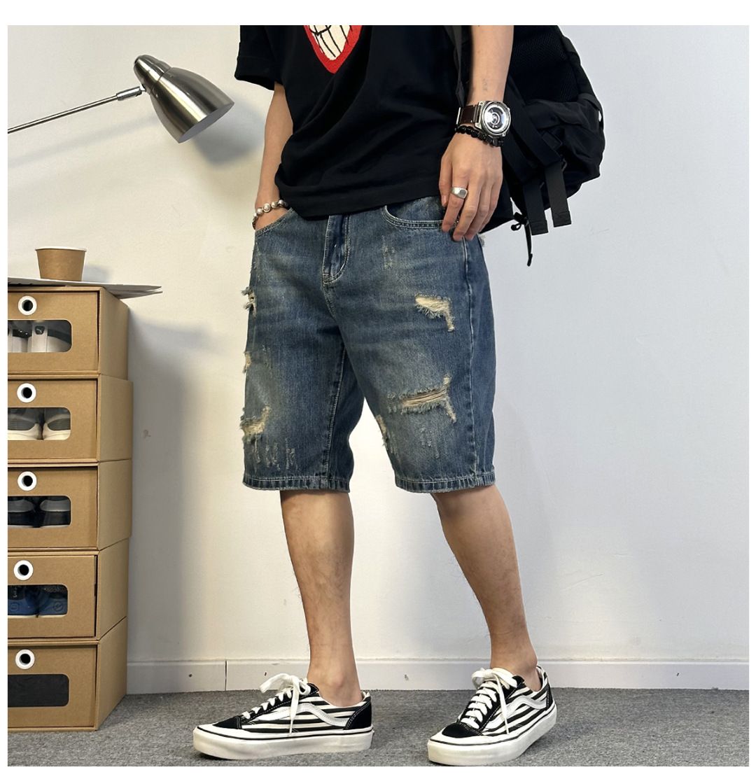 Denim Shorts For Men In Summer, Thin Cut, Ripped, Versatile, Slim Fit, Straight Leg, Trendy Korean Version, Five Point_viptrois.com