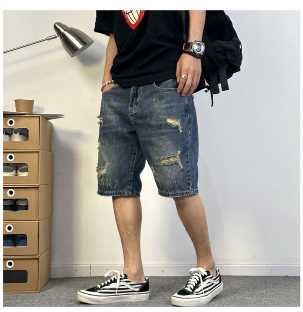 Denim Shorts For Men In Summer, Thin Cut, Ripped, Versatile, Slim Fit, Straight Leg, Trendy Korean Version, Five Point_viptrois.com