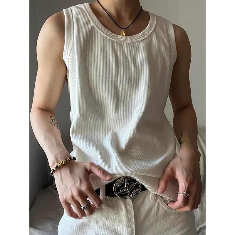American Basic Solid Color Slim Fit Versatile Vest For Men Summer Simple Style Loose Ribbed Youth Fitness Sports Base_viptrois.com