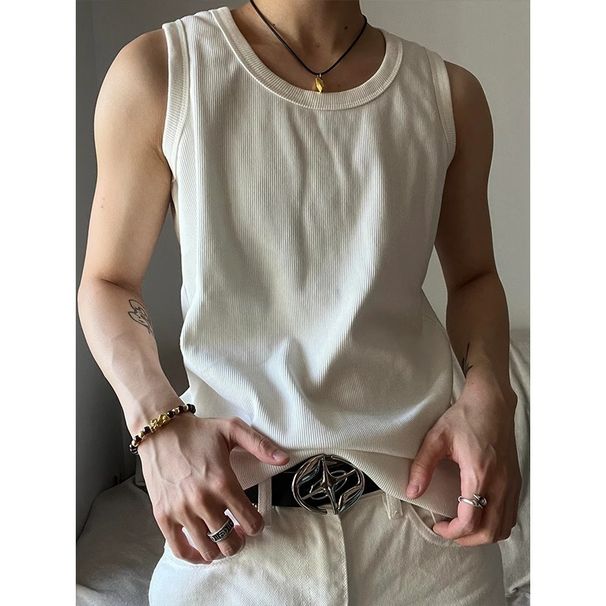 American Basic Solid Color Slim Fit Versatile Vest For Men Summer Simple Style Loose Ribbed Youth Fitness Sports Base_viptrois.com